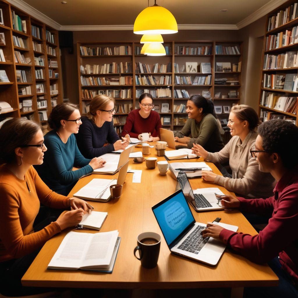 A diverse group of adults engaged in a lively discussion around a large table covered with laptops, notebooks, and steaming cups of coffee, symbolizing the exchange of ideas and wisdom. The atmosphere is vibrant and inclusive, with warm lighting and bookshelves filled with literature in the background. Illustrative elements like speech bubbles filled with words transforming into glowing light bulbs symbolize the progression from words to wisdom. colorful cartoon-style. bright colors. soft edges.