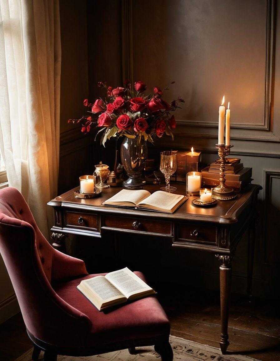 A sensual and inviting writing desk set in a softly lit room, adorned with fragrant candles, an open notebook filled with elegant cursive writing, and scattered rose petals; a luxurious feather quill rests nearby, with a plush velvet chair inviting the viewer to sit and explore creativity. The atmosphere is intimate and warm, evoking a sense of deeper connection and exploration. velvety textures. warm tones. soft focus.