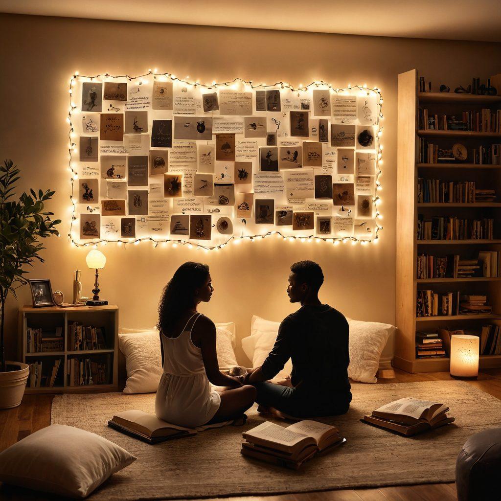 A serene and inviting space showcasing diverse intimate educational materials, such as books, art, and meditation tools. Soft lighting creates a warm atmosphere, while silhouettes of couples engaging in affectionate gestures emphasize connection and intimacy. Include symbols of communication like speech bubbles and hearts subtly in the background. The overall feel should be harmonious and empowering. soft focus. warm tones. 3D.